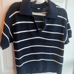Large Petite Navy and White Striped Knit Polo Shirt